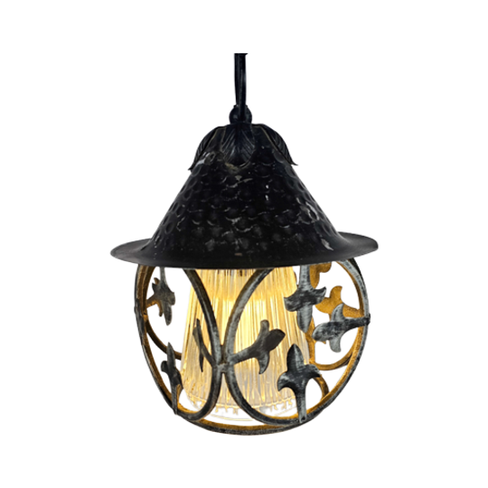 Vintage - Smeedijzeren Hanglamp - Metaal - Glas - 3e Kwart 20e Eeuw 1