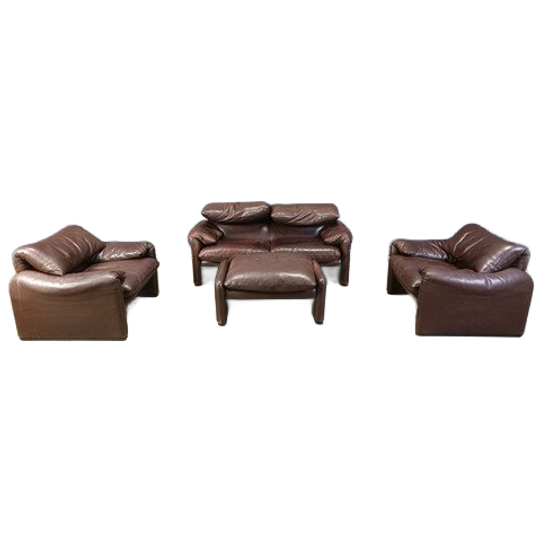 Vintage Brown Leather Maralunga Sofa Set, 1970s 1