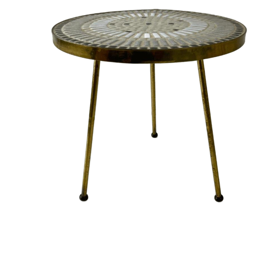 Plantentafeltje, Bijzettafeltje Rond Mozaiek Messing Zw-wit 1