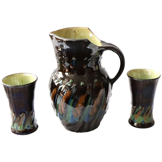 Vintage Kan Met 2 Bekers Keramiek Wesuma Pottery, Jaren '50 1