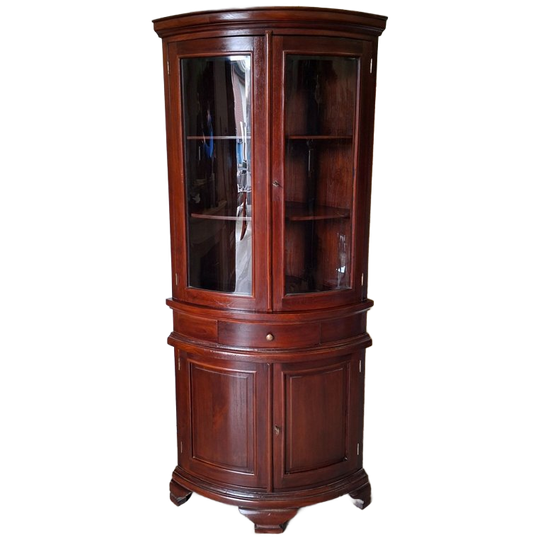 Klassieke Engelse Hoek Vitrine Servies Kast, Mahoniehout Licht Krasje In Het Glas Maar Niet Hinderlijk Afm. 62x62m En 200cm Hoog. 1