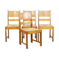 Set Van 4 Eikenhouten Haagse School Design Eetkamerstoelen Uit Begin 1900 Met Rieten Zittingen