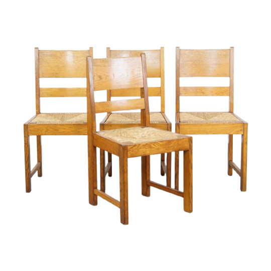 Set Van 4 Eikenhouten Haagse School Design Eetkamerstoelen Uit Begin 1900 Met Rieten Zittingen 1