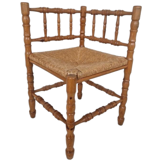 Mid Century Grenen Hoekstoel Met Biezen Zitting. 1