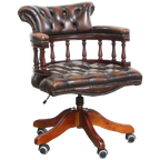 Donkerbruine In Hoogte Verstelbare Rundleren En Houten Chesterfield Bureaustoel Op Wieltjes thumbnail 1