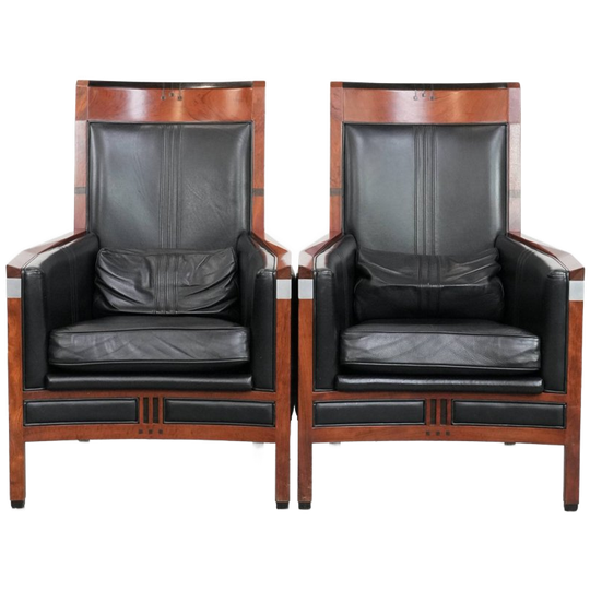 Prachtige Set Van 2 Zwarte Rundleren Art Deco Design Fauteuils Met Hoge Rug Van Schuitema 1