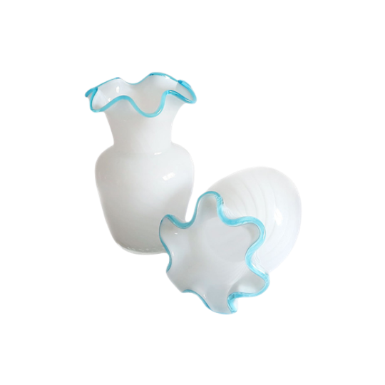 Wit Swirl Vaasje Met Turquoise Murano Mondgeblazen, Jaren '60/'70 1