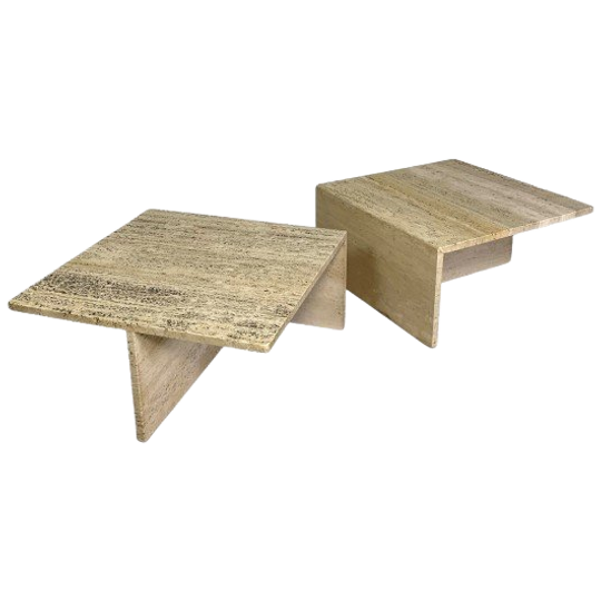 Set Van 2 Travertin Salontafels, Up And Up, Jaren 70 1