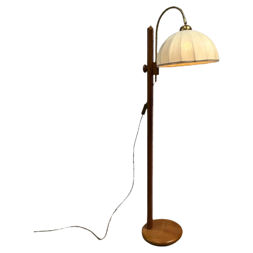 Vintage Vloerlamp (Eiken)Hout Met Verstelbare Boog Messing