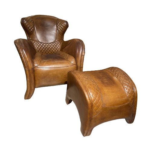 Saddle Chair / Zadel Fauteuil + Voetenbank In Vintage Cognac Leer Eyecatcher