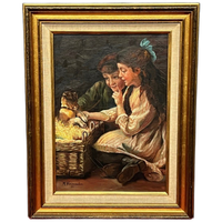 M. Vermeulen. Gesigneerd Schilderij "Kinderen Met Een Puppy".