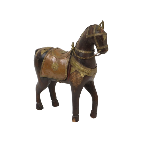 Vintage Houten Paard Belegd Met Koper Messing Beeld Sculptuur India 26Cm