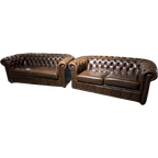 Originele Salvale Chesterfield 3+2 Zits Bank Antiek Bruin Leer thumbnail 1