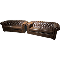 Originele Salvale Chesterfield 3+2 Zits Bank Antiek Bruin Leer