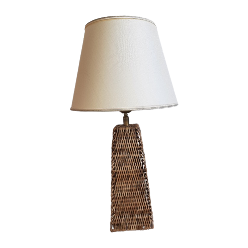 Vintage Rotan Tafellamp Met Linnen Lampenkap