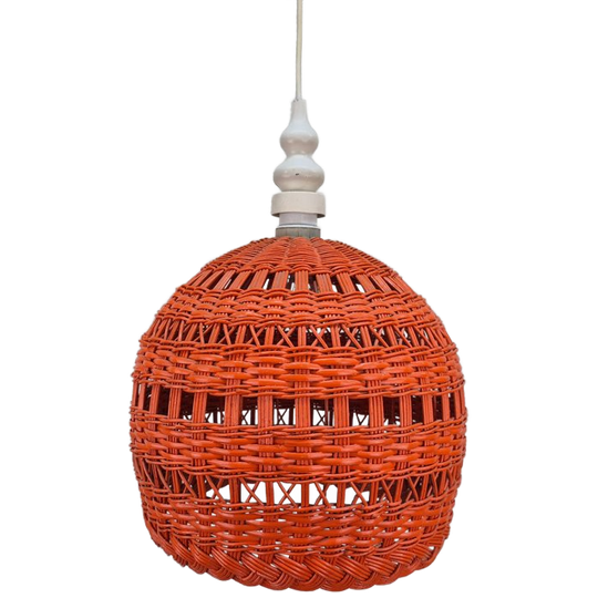 Poolse Vintage Oranje Rieten Lamp. Hanglamp Rotan. 1