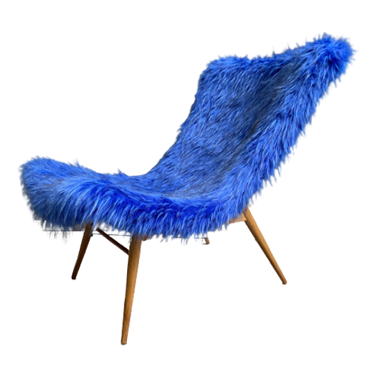 Iconic Miroslav Navratil Chair Blue Fluffy Fabric For Český Nábytek 1960s 1