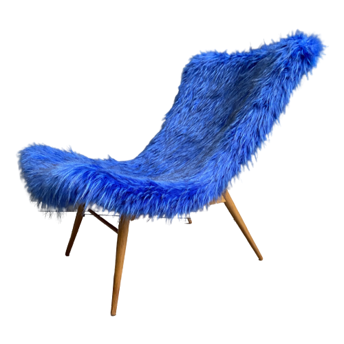 Iconic Miroslav Navratil Chair Blue Fluffy Fabric For Český Nábytek 1960S