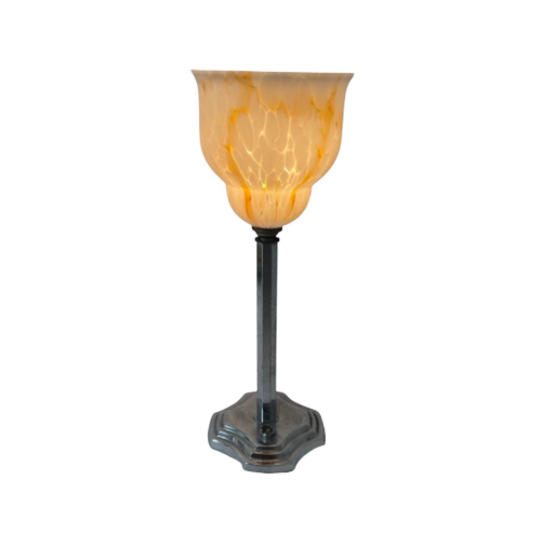 Art Deco - Table Lamp - Chalice Shaped, Multi Colored Glass - Silver Plated Base With Power Switc 1