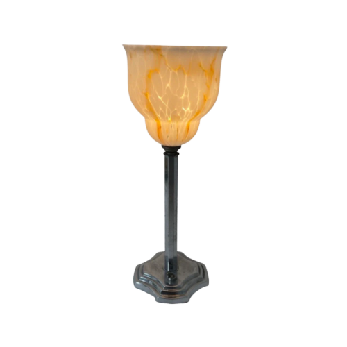 Art Deco - Table Lamp - Chalice Shaped, Multi Colored Glass - Silver Plated Base With Power Switc