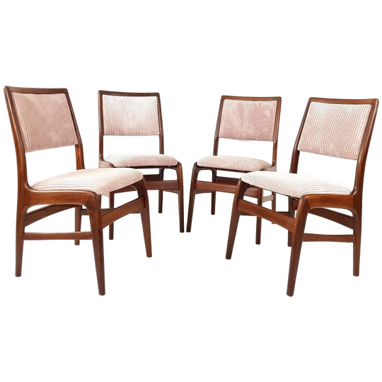 4 Vintage Teakhouten Stoelen Eettafel Roze Nieuw Gestoffeerd 1