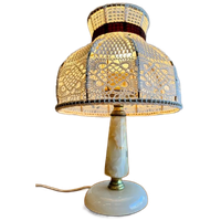 Vintage Mini Tafellampje Met Onyx Voet En Gehaakte Kap