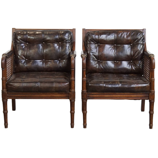 Leuke Set Van 2 Vintage Design Fauteuils/ Armchairs Met Riet, Hout En Leer 1