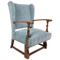 Antieke Rookstoel Blauw Gestoffeerd | Brocante Blauwe Stoel