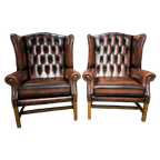 2 X Engelse Xl Chesterfield Oorfauteuils In Darkrust / Rood Bruin Leer Georgian thumbnail 1