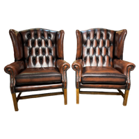 2 X Engelse Xl Chesterfield Oorfauteuils In Darkrust / Rood Bruin Leer Georgian