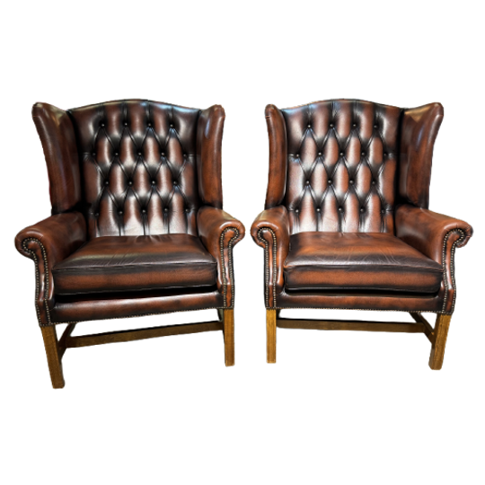 2 X Engelse Xl Chesterfield Oorfauteuils In Darkrust / Rood Bruin Leer Georgian 1