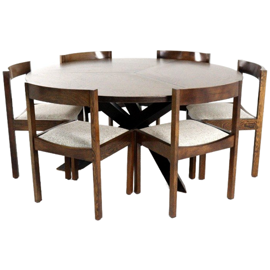 Eetkamerset Ronde Eettafel + 6 Stoelen Gerard Geytenbeek Vintage Wengé 1