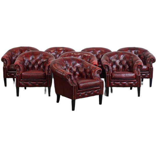 Unieke Set Van 8 Mooie Engelse Rundleren Chesterfield Clubfauteuils In Een Gevlamde Rode Kleur 1