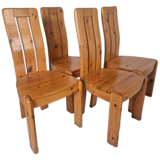 4 Massief Grenen Scandinavische Brutalist Vintage Stoelen. 1