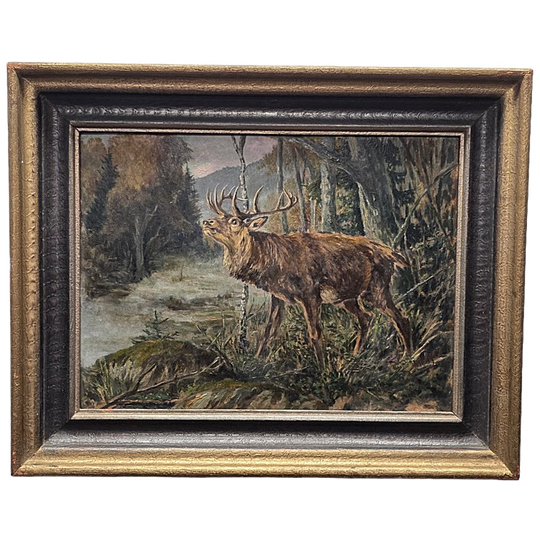 Oud Schilderij Met Edelhert In Het Bos, 1e Helft 20e Eeuw 1