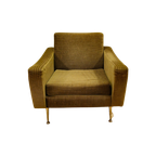 Vintage Fauteuil Stoel Ribstof Groen Messing thumbnail 1