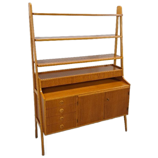 Teak Fineer Kast Uit Zweden Met Lades, Legplank En Uitschuifbare Plank 1