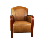 Luxe Rundleren Artdeco Design Armchair Met Houten Armleuningen En Cognac Kleur Leer thumbnail 1