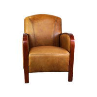 Luxe Rundleren Artdeco Design Armchair Met Houten Armleuningen En Cognac Kleur Leer