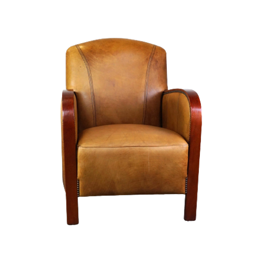 Luxe Rundleren Artdeco Design Armchair Met Houten Armleuningen En Cognac Kleur Leer 1