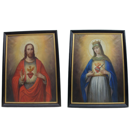 Koppel Antieke Schilderijen Uit Klooster, Maria En Jezus Christus 1