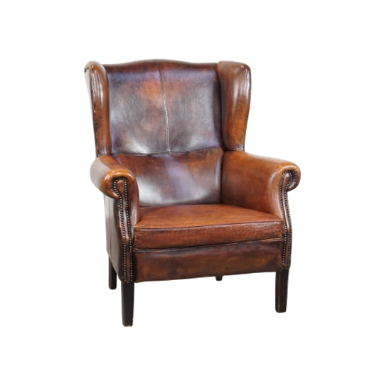 Grote, Zeer Comfortabele Vintage Schapenleren Oorfauteuil Met Een Mooie Diepe Kleurencombinatie 1