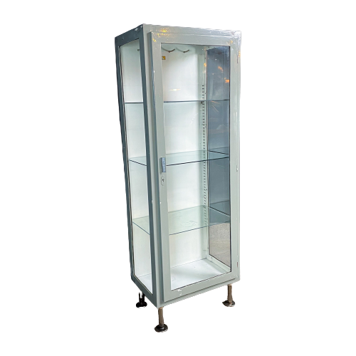 Vintage Metalen Dokterskast Vitrine – Wit & Grijs