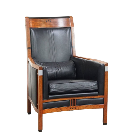 Mooie Zwarte Rundleren En Houten Art Deco Design Fauteuil Van Schuitema Uit De Decoforma Serie 1