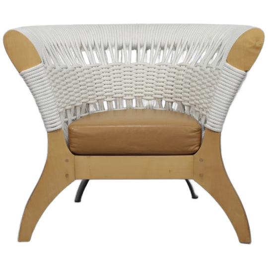 Handcrafted Italian Lounge Chair By Driade In Wood, Rope & Leather, Italy, 1990s 1
