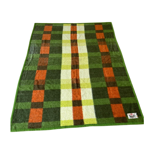 Vintage Aabe Deken. Prachtige Oranje Groen Wollen Plaid