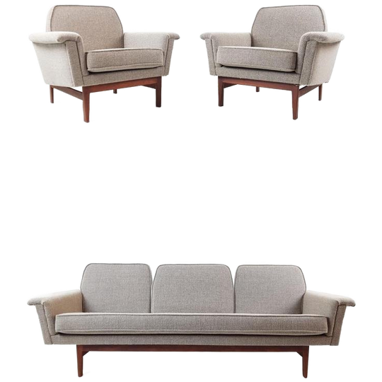Vintage Teak Houten Bankstel | Bank + 2 Fauteuils Beige Wol 1