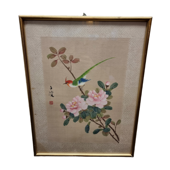 Vintage Chinees Schilderij Op Zijde Vogel 1