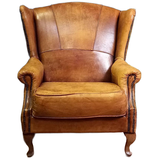 Karakteristieke Vintage Schapenleren Oorfauteuil 1