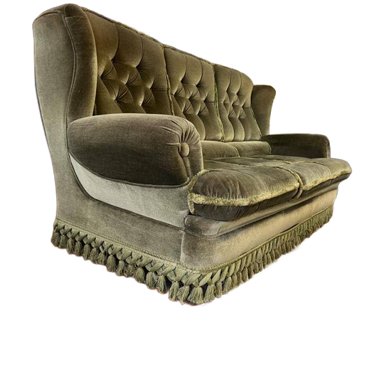 Vintage Groene Zetel / Canapé / Bank Met Franjes 1